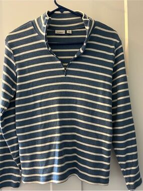 L.L. Bean Women's Blue and White Striped Half-Zip Turtleneck Sweater